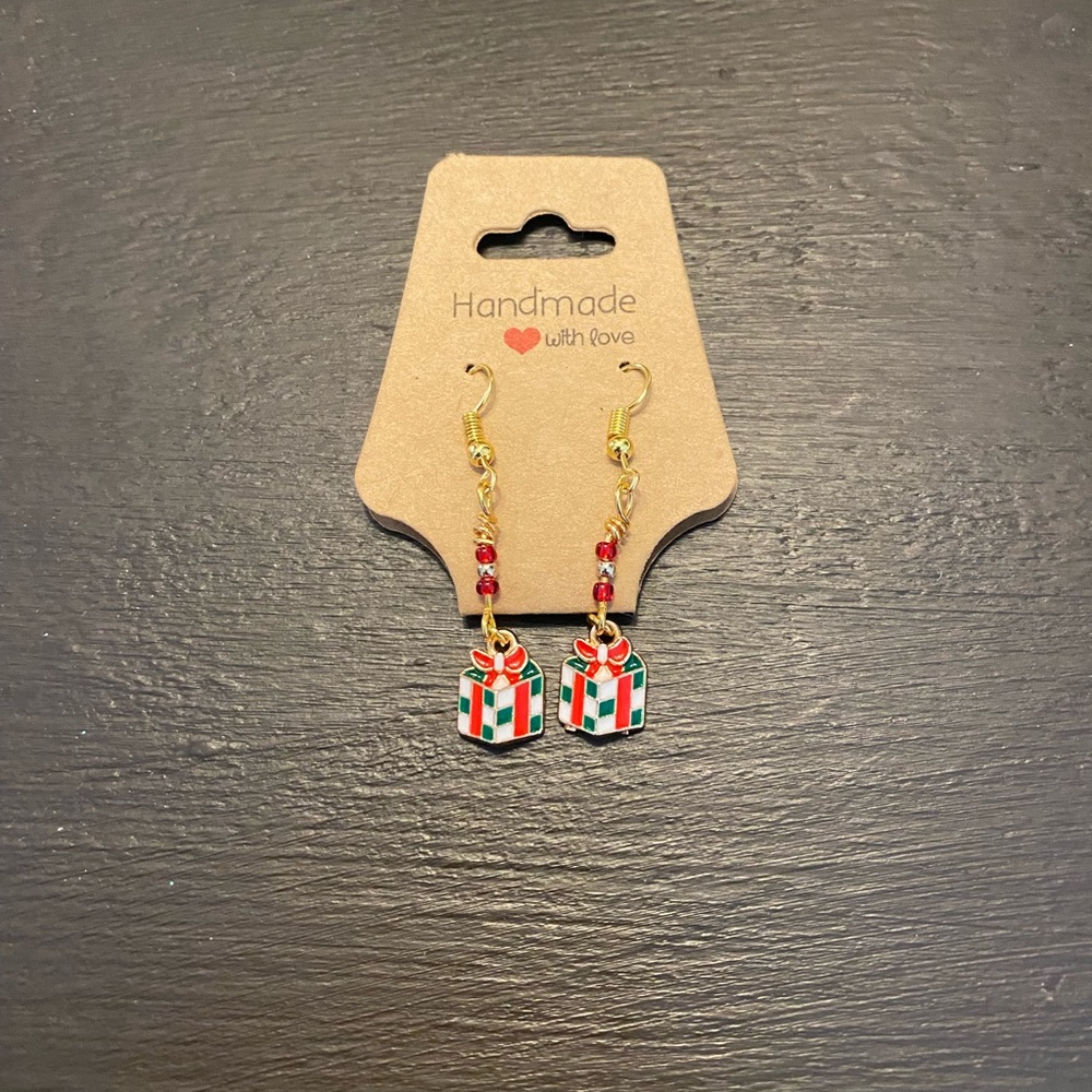 Christmas present earrings, handmade, brand new, never worn